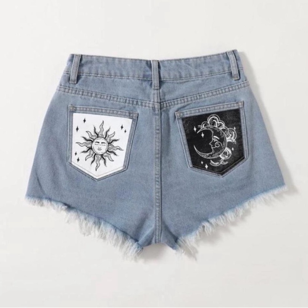 Denim Shorts with Sun and Moon Pockets